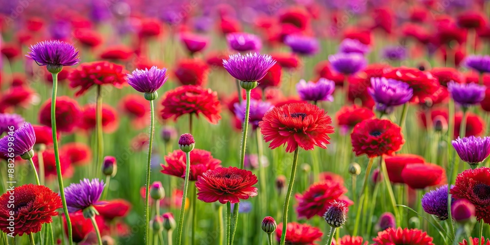 Field of red flowers with scattered purple flowers in the background, red, flowers, field, nature, blossom, vibrant, colorful, spring Field of red flowers with scattered purple flowers in the background, red, flowers, field, nature, blossom, vibrant, colorful, spring