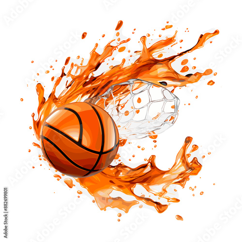 basketball ball going in the hoop/net, transparent png download, in the style of cartoon animation, color is orange black and white
