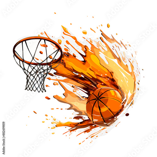 basketball ball going in the hoop/net, transparent png download, in the style of cartoon animation, color is orange black and white