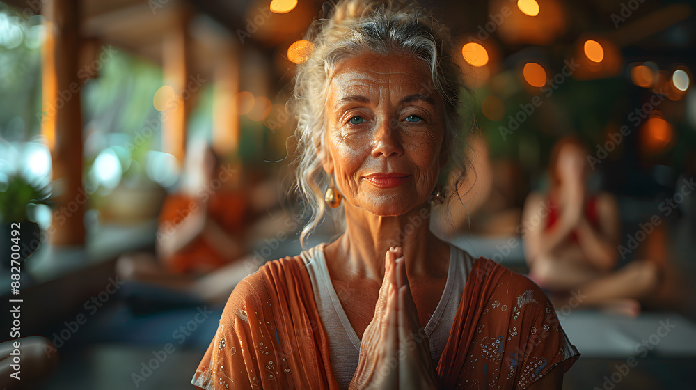 Naklejka premium Senior Woman Practicing Yoga in a Group Meditation Class