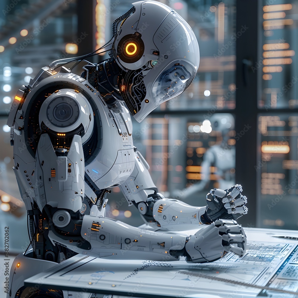 Fototapeta premium Robotic Architect Designing Futuristic Building on Holographic Blueprint Table