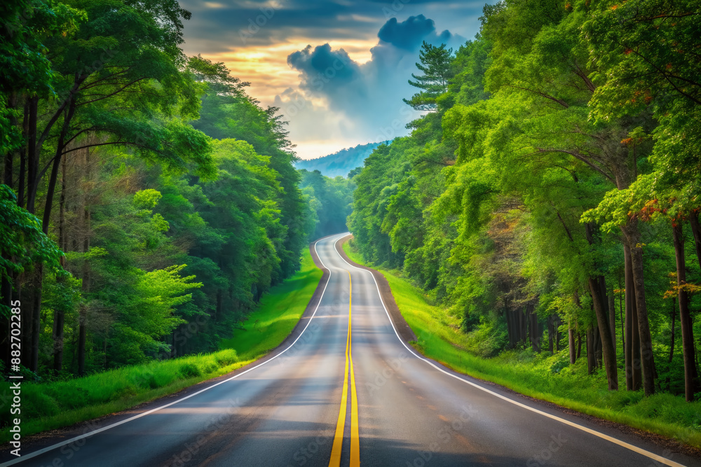 Fototapeta premium Empty open road stretches ahead, curved highway lined with lush green trees, symbolizing freedom and adventure, with a subtle hint of thrill and joy.