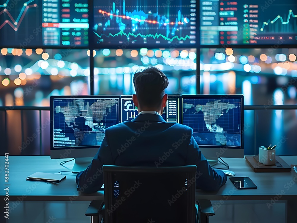 Businessman Analyzing Data on Multiple High Tech Screens in Futuristic Office Businessman Analyzing Data on Multiple High Tech Screens in Futuristic Office