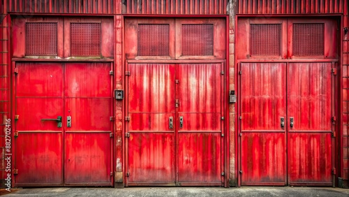 Robust red metal doors in an industrial setting with weathered texture and heavy-duty construction, metal, doors photo