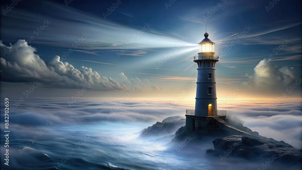 Lighthouse standing tall in a mystical foggy seascape at night , lighthouse, seascape, fog, night, ocean, eerie, mist Lighthouse standing tall in a mystical foggy seascape at night , lighthouse, seascape, fog, night, ocean, eerie, mist