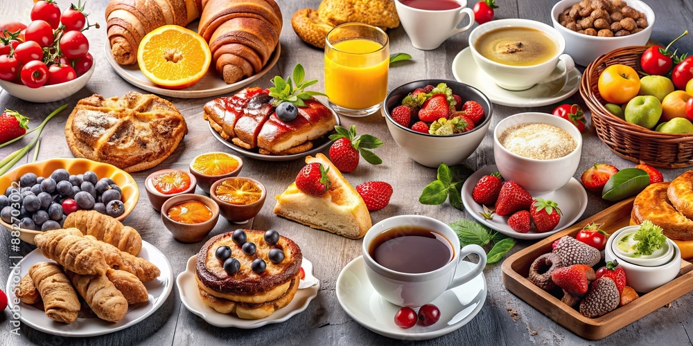 Morning banquet with a variety of delicious breakfast dishes including pastries, fruits, and hot coffee, banquet, morning, breakfast Morning banquet with a variety of delicious breakfast dishes including pastries, fruits, and hot coffee, banquet, morning, breakfast