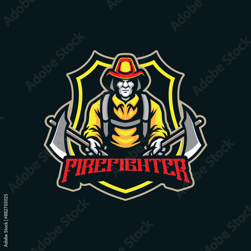 Firefighter mascot logo design vector with modern illustration concept style for badge, emblem and t shirt printing. Firefighter illustration with ax in hand.