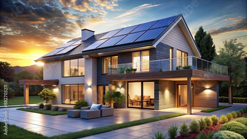 Modern home powered by photovoltaic panels and accentuated by precise lighting, sustainable