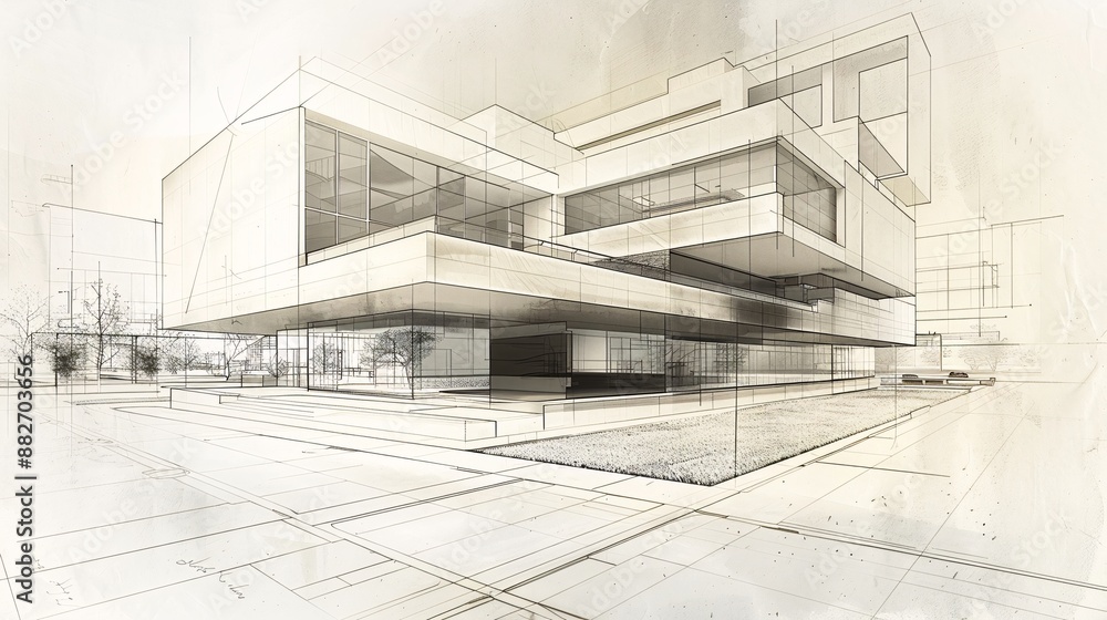 Architectural sketch: modern building plan with clean lines and geometric shapes, perfect for urban development concepts. Architectural sketch: modern building plan with clean lines and geometric shapes, perfect for urban development concepts.