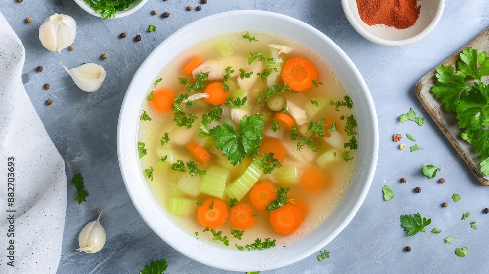 Food for convalescent patients, A clear chicken soup with finely diced carrots and celery Food for convalescent patients, A clear chicken soup with finely diced carrots and celery
