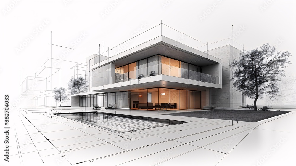 Modern architecture blueprint: detailed sketch of a contemporary building design, ideal for construction and real estate visuals. Modern architecture blueprint: detailed sketch of a contemporary building design, ideal for construction and real estate visuals.