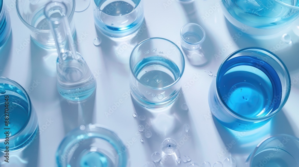 Laboratory equipment viewed from above with blue liquid in glassware on white table Laboratory equipment viewed from above with blue liquid in glassware on white table