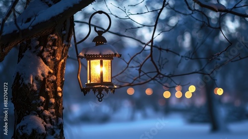 Lantern suspended in tree during winter night