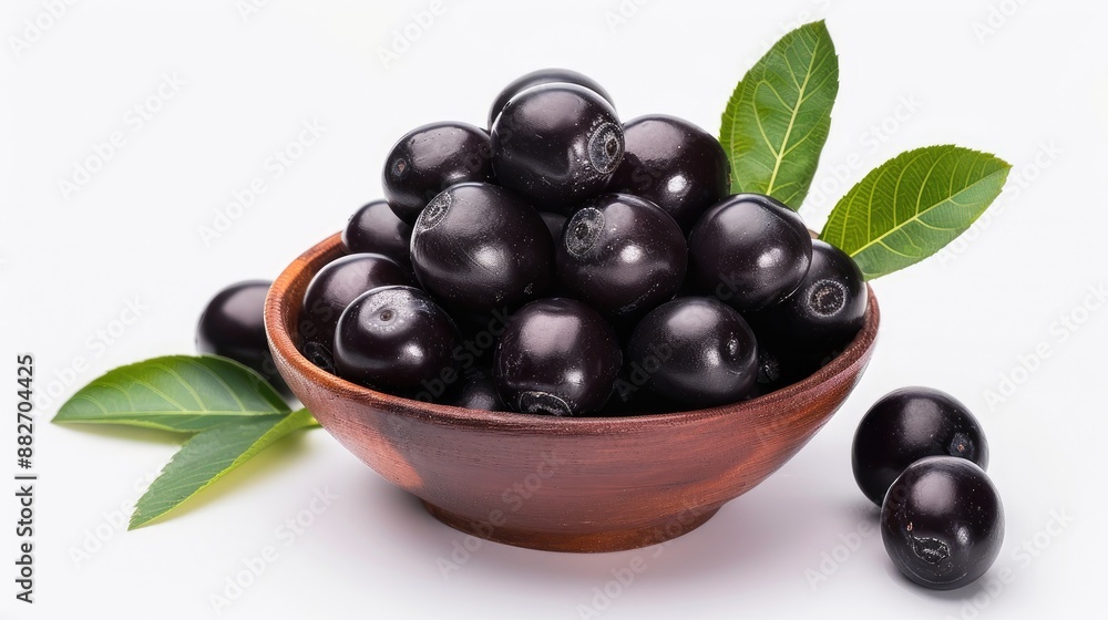 Jamun in a Bowl with Leaves on White Background Known as Java Plum Jamun in a Bowl with Leaves on White Background Known as Java Plum