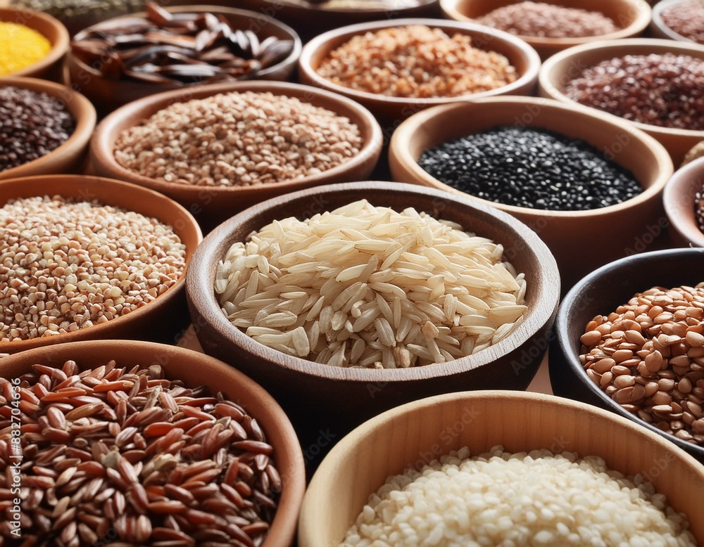 Healthy Diet: Bowls of Whole Grains - Brown Rice, Quinoa, Oats, and Barley Healthy Diet: Bowls of Whole Grains - Brown Rice, Quinoa, Oats, and Barley