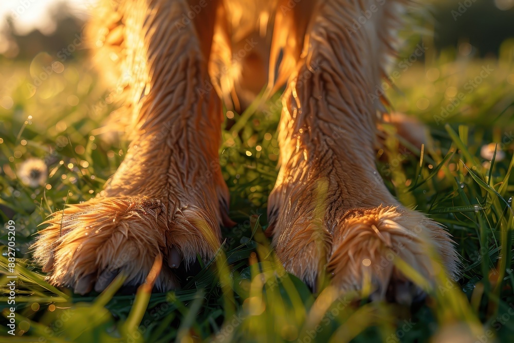 Focuses on the strength and stability of a Golden Retriever's paws, grounding it in nature. Focuses on the strength and stability of a Golden Retriever's paws, grounding it in nature.