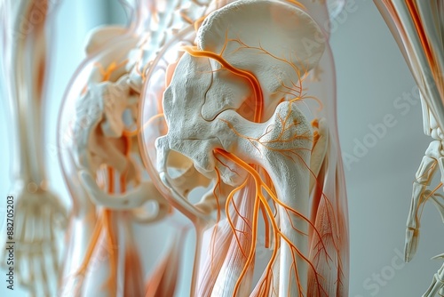 Detailed illustration of the sciatic nerve, highlighting the compression point and surrounding anatomy. photo