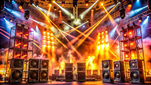 Blazing stage lights illuminate towering speakers and amplifiers as distorted guitar riffs reverberate through the venue, electrifying the atmosphere with intense sonic energy.