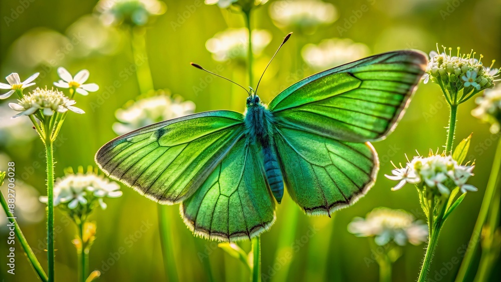 Vibrant green butterfly with delicate wings and slender body perched on a white flower in a lush green meadow background. Vibrant green butterfly with delicate wings and slender body perched on a white flower in a lush green meadow background.