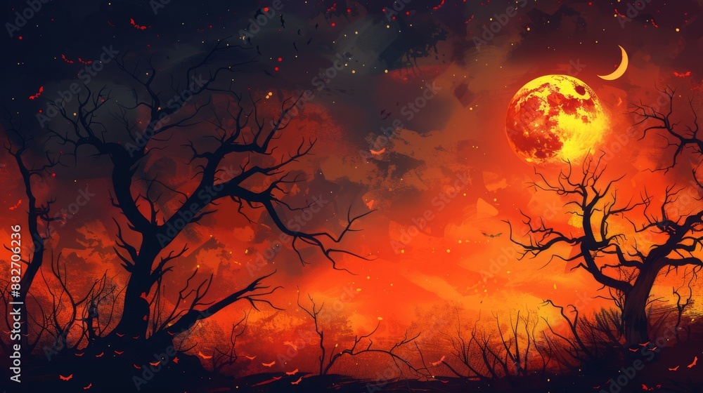 Halloween Night with a Blood Moon and Silhouettes of Trees Halloween Night with a Blood Moon and Silhouettes of Trees