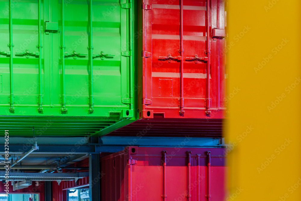 Warehouse building with various colorful shipping containers