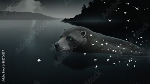 In the misty twilight of a coastal cove, a languid selkie gazes back with melancholic eyes, her seal skin shimmering like opalescent moonlight on the water's surface. This enchanting image is captured