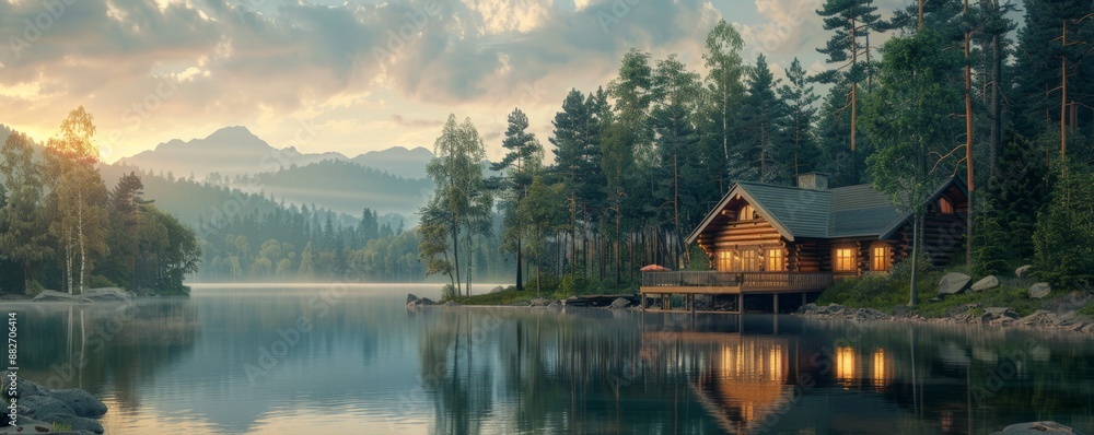 Fototapeta premium Tranquil lakeside cabin surrounded by towering pine trees, 4K hyperrealistic photo