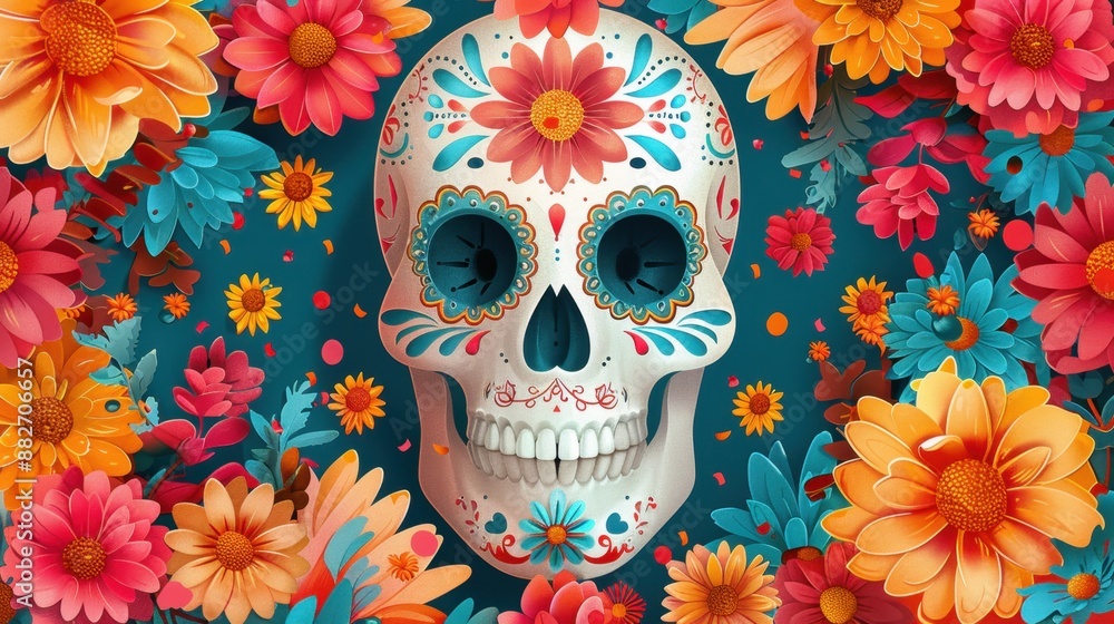 Illustration of a Day of the Dead skull adorned with colorful flowers, highlighting cultural and festive elements. Illustration of a Day of the Dead skull adorned with colorful flowers, highlighting cultural and festive elements.