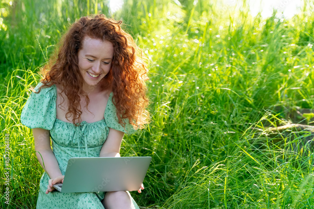 Smiling Woman With Red Hair Using Laptop in Meadow on Sunny Day Smiling Woman With Red Hair Using Laptop in Meadow on Sunny Day