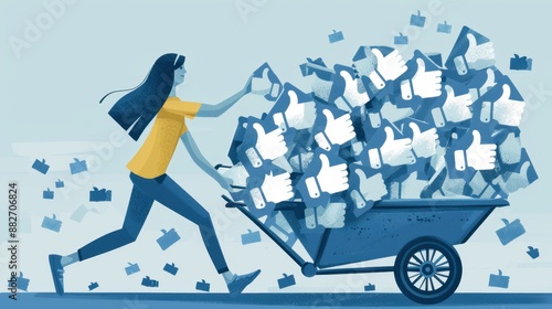 Woman pushing a wheelbarrow filled with social media thumbs-up likes, symbolizing popularity and engagement. photo