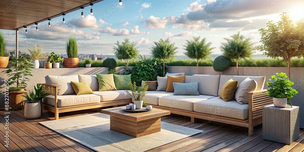 Fototapeta premium Cozy seating area with cushions and plants on a rooftop terrace, rooftop, terrace, seating area, cozy, cushions, plants, outdoor