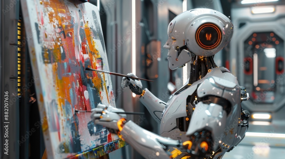 Fototapeta premium Robot painting abstract art on an easel in a futuristic studio setting.