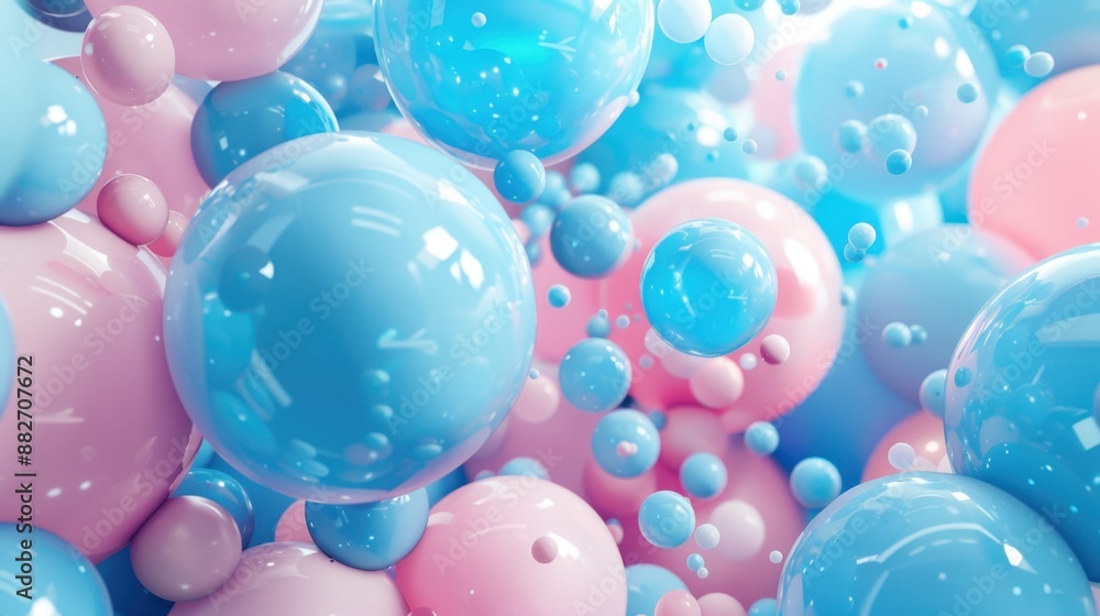 Abstract 3D render of floating blue and pink balloons colliding and clustering together. Abstract 3D render of floating blue and pink balloons colliding and clustering together.