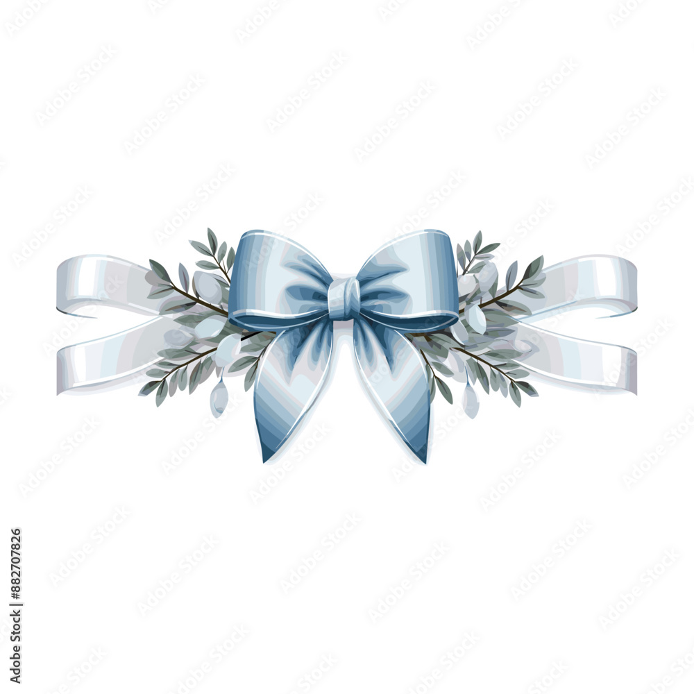 Naklejka premium a simple not fancy silver and white and icy blue Christmas ribbon header with greenery isolated on a white background
