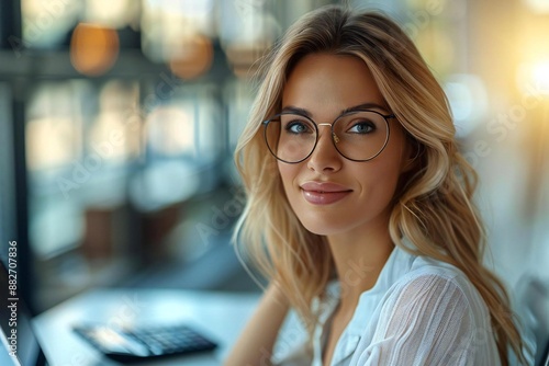 Free Download portrait of modern businesswoman in office with laptop and calculator - GFXLoad