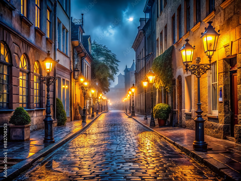 Fototapeta premium Misty rainy night cityscape of deserted old town street lined with vintage lamps and neon lights, reflecting off wet cobblestone pavement, atmospheric and serene.