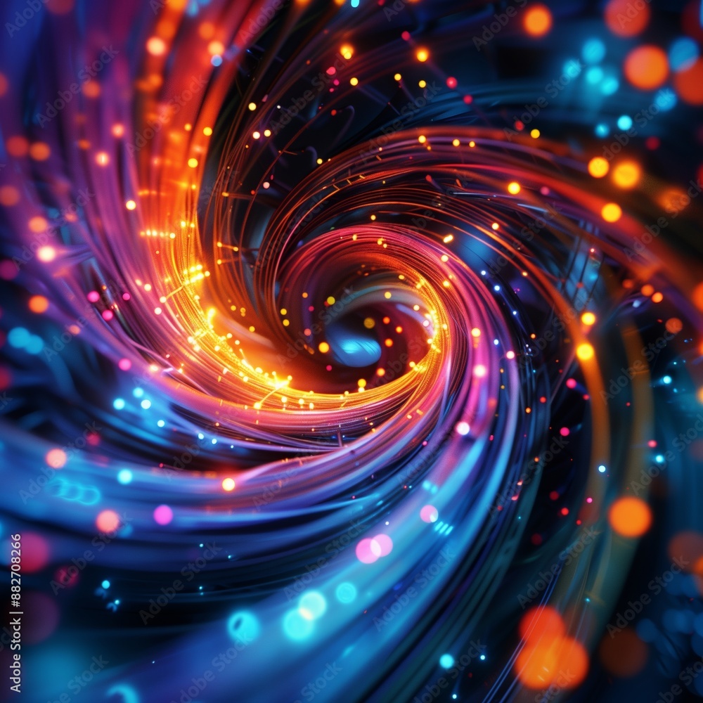 Abstract digital spiral with vibrant blue and orange light trails creating a dynamic and captivating visual effect. Abstract digital spiral with vibrant blue and orange light trails creating a dynamic and captivating visual effect.