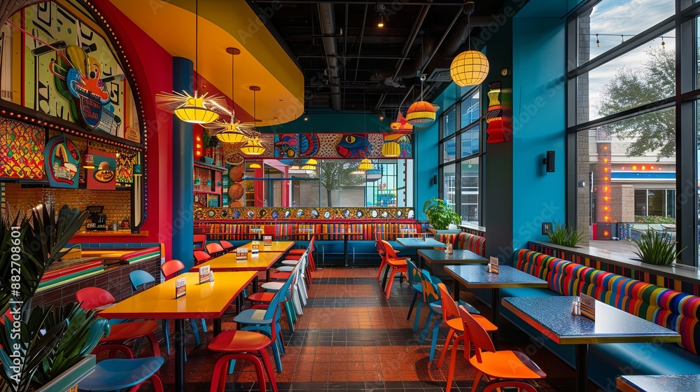 Fototapeta premium Family-friendly restaurant with colorful decor, playful atmosphere, and tables set for group dining