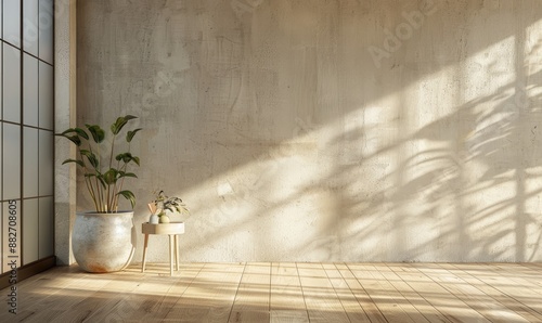 Empty Room with Textured Wall and Sunlight Streaming Through Window. Minimalistic Gray Room with House Plant and Soft Shadows
