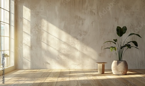 Empty Room with Textured Wall and Sunlight Streaming Through Window. Minimalistic Gray Room with House Plant and Soft Shadows