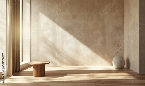 Empty Room with Textured Wall and Sunlight Streaming Through Window. Minimalistic Gray Room with House Plant and Soft Shadows