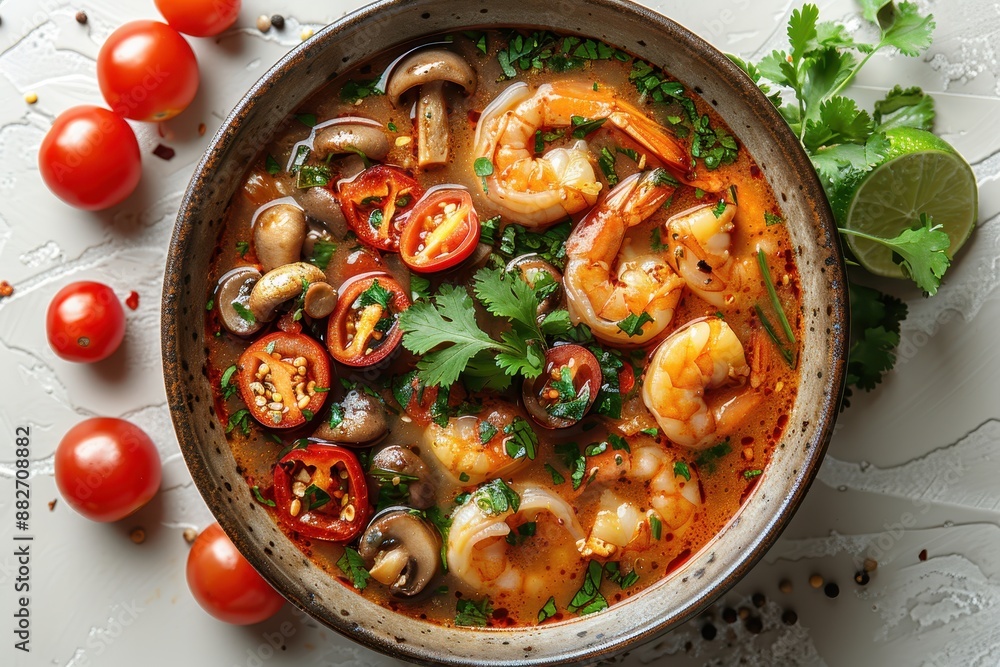 a plate of tom yum goong spicy prawn soup thai food a plate of tom yum goong spicy prawn soup thai food