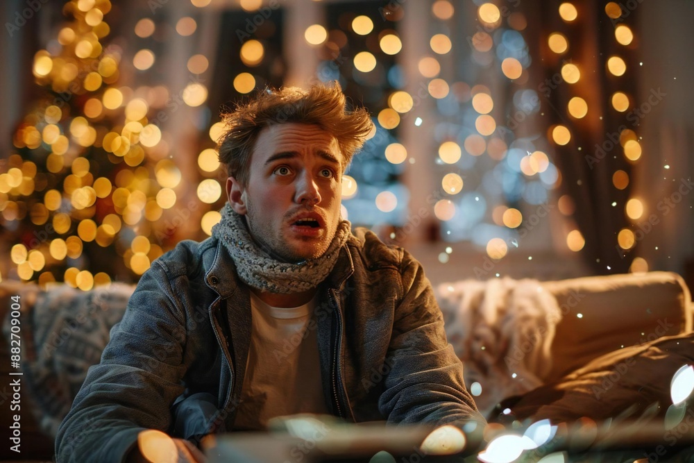 man sitting on a sofa in front of a fallen television with a broken screen, looking shocked and worried. man sitting on a sofa in front of a fallen television with a broken screen, looking shocked and worried.