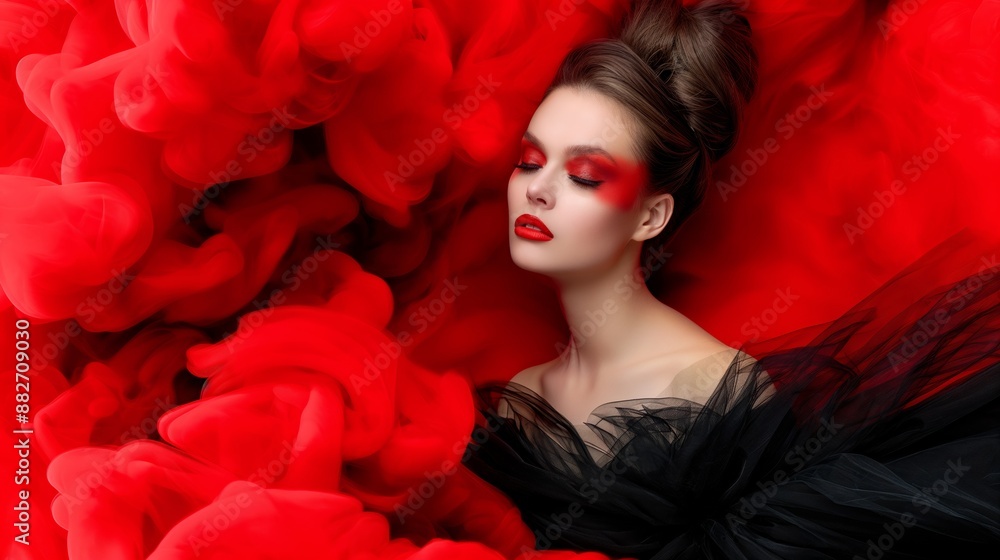 A woman is lying on a bed with red smoke surrounding her. She is wearing red lipstick and has her hair in a bun. The smoke gives the image a mysterious and dreamy atmosphere