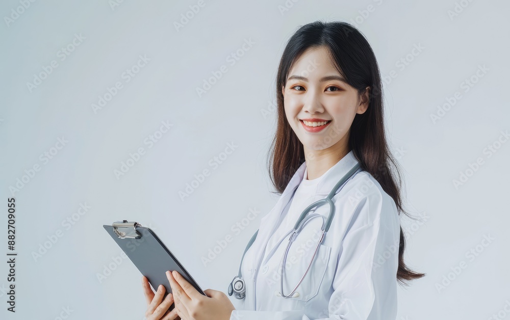 Confident young Asian doctor holding a clipboard prepared for daily patient checkups on a white background Confident young Asian doctor holding a clipboard prepared for daily patient checkups on a white background