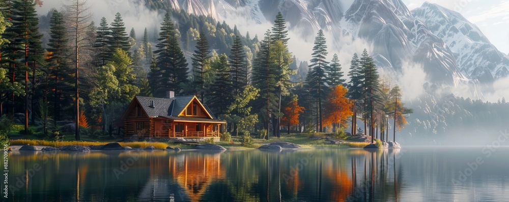 Obraz premium Tranquil lakeside cabin surrounded by towering pine trees, 4K hyperrealistic photo