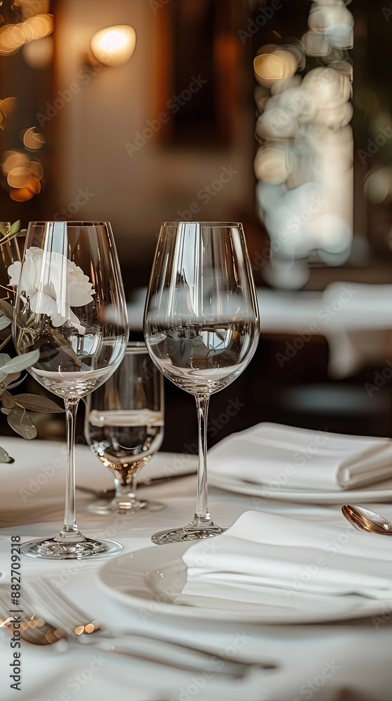 Fine dining table setup with white tablecloth, polished silverware, and wine glasses, romantic and sophisticated Fine dining table setup with white tablecloth, polished silverware, and wine glasses, romantic and sophisticated