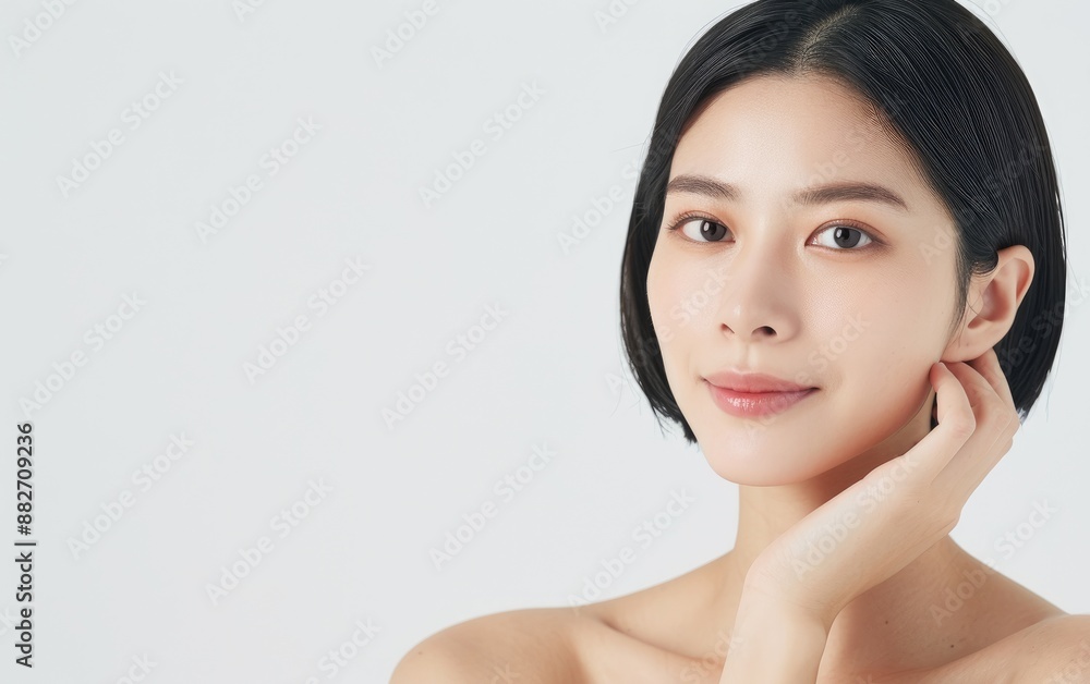 Flawless Beauty of Asian Young Woman with Glowing Skin Reflecting the Benefits of a Consistent Skincare Routine on White Background Flawless Beauty of Asian Young Woman with Glowing Skin Reflecting the Benefits of a Consistent Skincare Routine on White Background