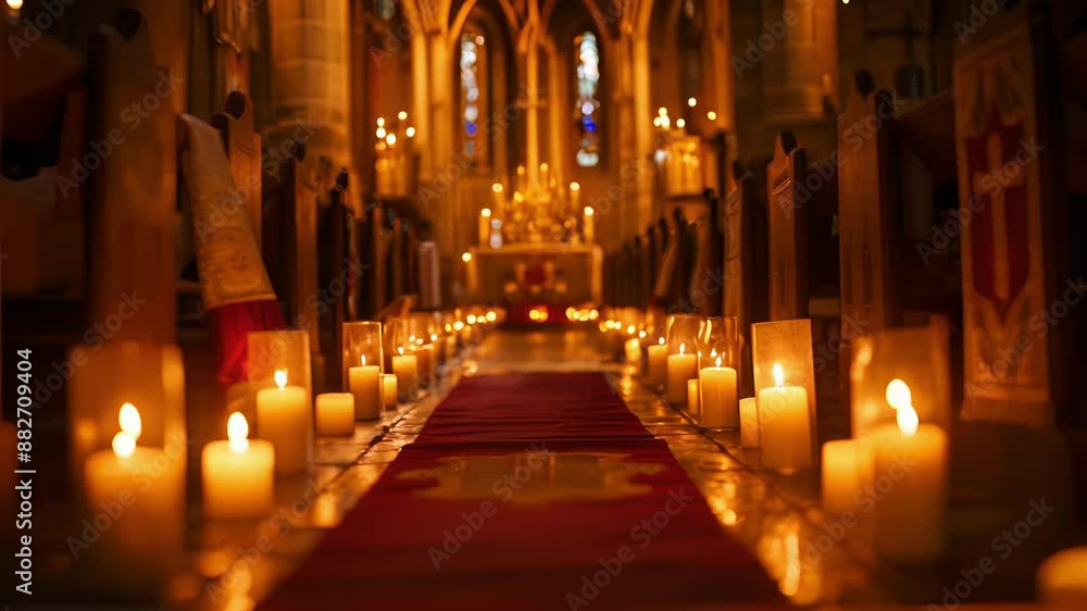 The church banners flanked by a row of candles creating a truly majestic and aweinspiring sight during a religious ceremony. The church banners flanked by a row of candles creating a truly majestic and aweinspiring sight during a religious ceremony.