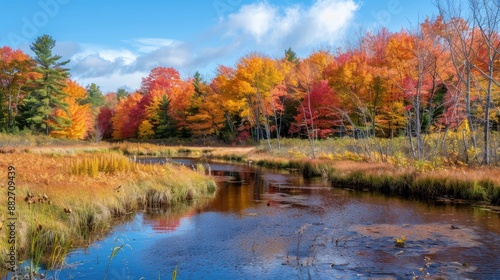 Magnificent colorful Fall day in Jacques Cartier river park